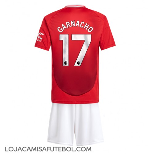 Camisa de Futebol Manchester United Alejandro Garnacho #17 Equipamento Principal Infantil 2024-25 Manga Curta (+ Calças curtas)